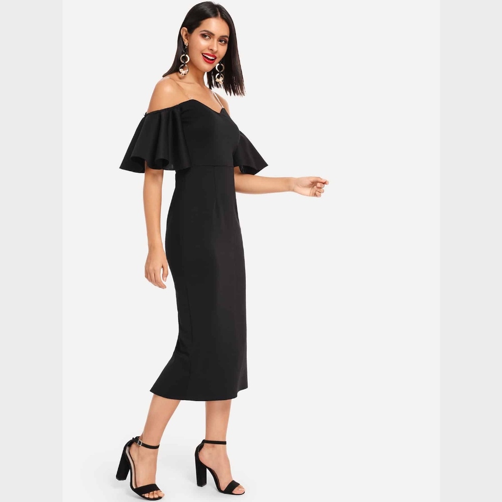 Off Shoulder Ruffle Detail Pencil Black Midi Dress - Picture 4 of 6